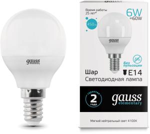 Лампа светодиодная Gauss Elementary 6Вт цок.:E14 шар 220B 4100K св.свеч.бел.нейт. (упак.:10шт) (53126)