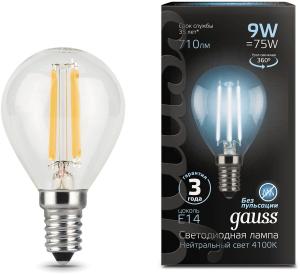 Лампа филам. Gauss Filament 9Вт цок.:E14 шар 220B 4100K св.свеч.бел.нейт. (упак.:10шт) (105801209)
