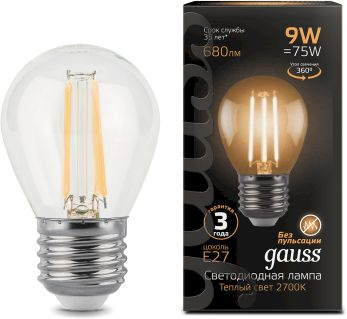 Лампа филам. Gauss 9Вт цок.:E27 шар 220B 2700K св.свеч.бел.теп. G45 (упак.:10шт) (105802109)