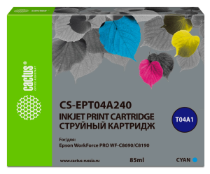 Картридж струйный Cactus CS-EPT04A240 T04A2 голубой (85мл) для Epson WorkForce Pro WF-C8190, WF-C8690