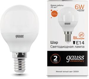Лампа светодиодная Gauss Elementary 6Вт цок.:E14 шар 220B 3000K св.свеч.бел.теп. (упак.:1шт) (53116)