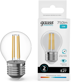 Лампа филам. Gauss Filament 12Вт цок.:E27 шар 220B св.свеч.бел.нейт. (упак.:10шт) (52222)
