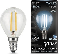 Лампа светодиодная Gauss Filament 7Вт цок.:E14 шар 220B св.свеч.бел.нейт. P45 (упак.:10шт) (105801207)