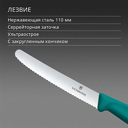 Нож кухонный Victorinox Swiss Classic (6.7834.C1) стальной столовый для овощей лезв.110мм серрейт. заточка зеленый