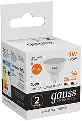 Лампа светодиодная Gauss Elementary MR16 9Вт цок.:GU5.3 спот 220B св.свеч.бел.теп. MR16 (упак.:10шт) (13519)