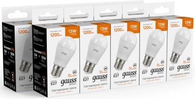 Лампа светодиодная Gauss Basic 10502132 13Вт цок.:E27 шар 220B св.свеч.теп.св./дневн. (упак.:1шт)