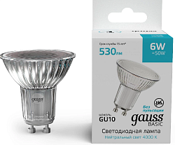 Лампа светодиодная Gauss Basic 10106262 6Вт цок.:GU10 софит 220B св.свеч.бел.нейт. (упак.:1шт)