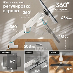 Кронштейн для мониторов Onkron G80 BW черный/белый 13"-32" макс.8кг настольный поворот и наклон верт.перемещ.
