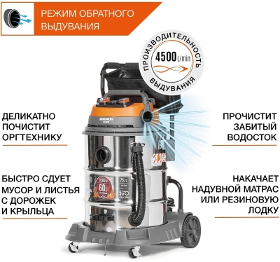Строительный пылесос Daewoo DAVC 2500SD 1400Вт (уборка: сухая/сбор воды/выдув) оранжевый