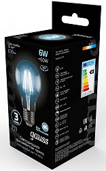 Лампа филам. Gauss Filament A60 6Вт цок.:E27 груша 220B св.свеч.бел.нейт. (упак.:1шт) (102802206)