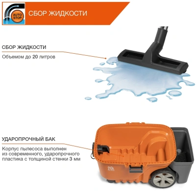 Строительный пылесос Daewoo DAVC 2516S 1600Вт (уборка: сухая/сбор воды/выдув) оранжевый