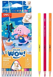 Карандаши цв. Deli EC140 Colorwow 3мм трехгран. 12цв. карт.кор. (12шт) 12 карандашей (1 золотой, 1 серебристый, 5 неоновых, 5 металлик)