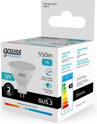 Лампа светодиодная Gauss Elementary 11527 7Вт цок.:GU5.3 софит 12B св.свеч.бел.нейт. (упак.:1шт)