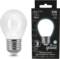 Лампа филам. Gauss Filament 5Вт цок.:E27 шар 220B св.свеч.бел.нейт. (упак.:1шт) (105202205)