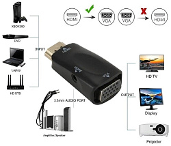Переходник аудио-видео Premier 5-983AC HDMI (m)/VGA (f)/Jack 3.5 (f) черный