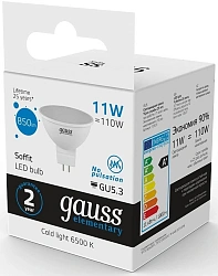 Лампа светодиодная Gauss Elementary 13531 11Вт цок.:GU5.3 софит 180B св.свеч.бел.хол. MR16 (упак.:1шт)
