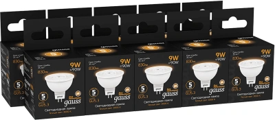 Лампа светодиодная Gauss 101505109 9Вт цок.:GU5.3 рефлек. 220B св.свеч.бел.теп. MR16 (упак.:10шт)
