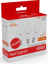 Лампа светодиодная Gauss Elementary 33116T 6Вт цок.:E14 свеча 180B св.свеч.бел.теп. (упак.:3шт)