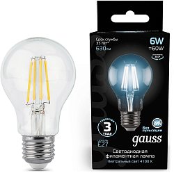Лампа филам. Gauss Filament A60 6Вт цок.:E27 груша 220B св.свеч.бел.нейт. (упак.:10шт) (102802206)
