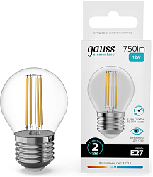 Лампа филам. Gauss Filament 12Вт цок.:E27 шар 220B св.свеч.бел.нейт. (упак.:10шт) (52222)
