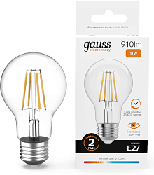 Лампа филам. Gauss Filament 11Вт цок.:E27 груша 220B св.свеч.бел.теп. (упак.:10шт) (22211)