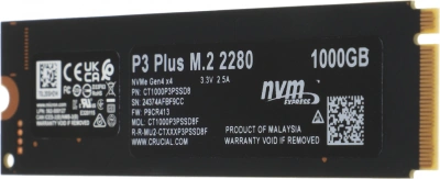 Накопитель SSD Crucial PCIe 4.0 x4 1TB CT1000P3PSSD8 P3 Plus M.2 2280