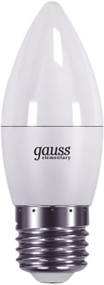 Лампа светодиодная Gauss Elementary 6Вт цок.:E27 свеча 220B 3000K св.свеч.бел.теп. C37 (упак.:10шт) (33216)