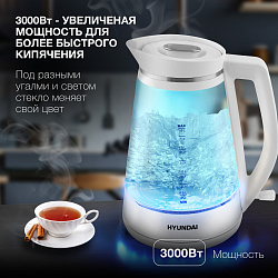Чайник электрический Hyundai HYK-G3037 1.9л. 3000Вт белый/прозрачный корпус: стекло/пластик