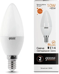 Лампа светодиодная Gauss Elementary 10Вт цок.:E14 свеча 220B св.свеч.бел.теп. (упак.:1шт) (33110)