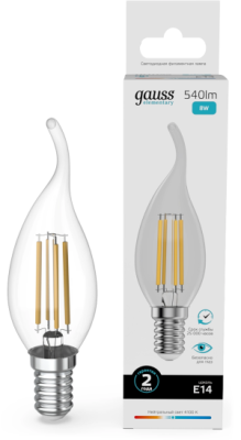 Лампа филам. Gauss Filament 8Вт цок.:E14 свеча 220B св.свеч.бел.нейт. (упак.:10шт) (42128)