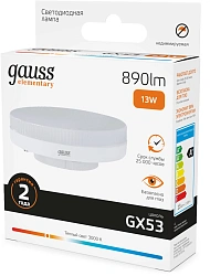 Лампа светодиодная Gauss Elementary 13Вт цок.:GX53 таблетка 220B св.свеч.бел.теп. Tablet (упак.:10шт) (83813)