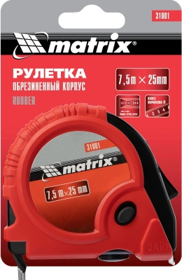 Рулетка строительная Matrix Rubber дл.полотна 7.5м изм.шкала в см зацеп простой красный/черный (31001)