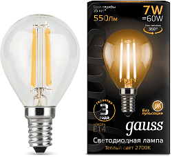 Лампа светодиодная Gauss 7Вт цок.:E14 шар 220B св.свеч.бел.теп. P45 (упак.:10шт) (105801107)
