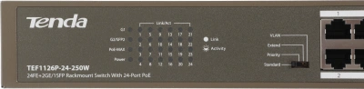 Коммутатор Tenda TEF1126P-24-250W (L2) 24x100Мбит/с 2x1Гбит/с 1SFP 24PoE 230W неуправляемый