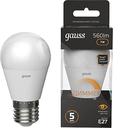 Лампа светодиодная Gauss 105102107-D 7Вт цок.:E27 шар 220B св.свеч.бел.теп. (упак.:1шт)