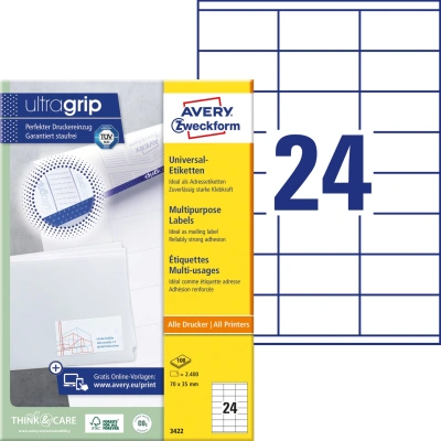 Этикетки Avery Zweckform 3422 A4 70x35мм 24шт на листе/70г/м2/100л./белый матовое самоклей. универсальная