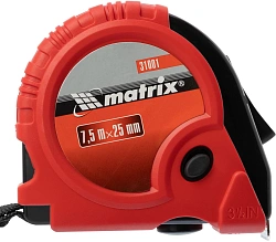 Рулетка строительная Matrix Rubber дл.полотна 7.5м изм.шкала в см зацеп простой красный/черный (31001)