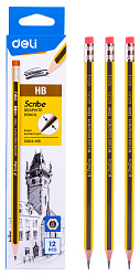 Карандаш ч/г Deli EC004-HB Scribe HB шестигран. тополь карт.кор. (12шт) ластик