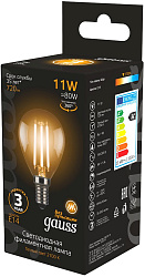 Лампа светодиодная Gauss Filament 11Вт цок.:E14 шар 220B св.свеч.бел.теп. (упак.:10шт) (105801111)