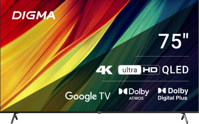 Телевизор QLED Digma 75" DM-LED75UQB31 Google TV Frameless Metal черный/черный 4K Ultra HD 60Hz MEMC DVB-T DVB-T2 DVB-C DVB-S DVB-S2 USB WiFi Smart TV