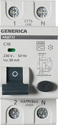 Выключатель автом. дифф. тока IEK MAD25-5-010-C-30 АВДТ 32 Generica 10A тип C 6kA 30мА AC 2П 230В 2мод серый (упак.:1шт)