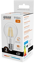 Лампа филам. Gauss Filament 11Вт цок.:E27 груша 220B св.свеч.бел.теп. (упак.:10шт) (22211)