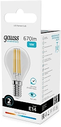 Лампа филам. Gauss Filament 10Вт цок.:E14 шар 220B св.свеч.бел.нейт. (упак.:10шт) (52120)