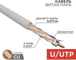 Кабель информационный Rexant 01-0067 кат.6 U/UTP 4 пары нг(А)-HF внешний 305м серый