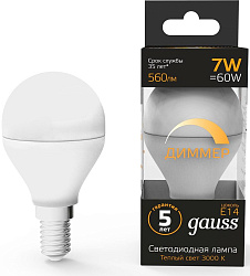 Лампа светодиодная Gauss 7Вт цок.:E14 шар 220B св.свеч.бел.теп. (упак.:1шт) (105101107-D)