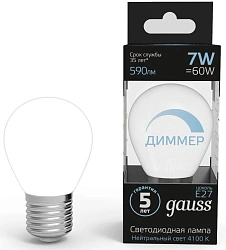 Лампа светодиодная Gauss 7Вт цок.:E27 шар 220B св.свеч.бел.нейт. (упак.:1шт) (105102207-D)