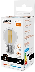 Лампа филам. Gauss Filament 8Вт цок.:E27 шар 220B св.свеч.бел.теп. (упак.:10шт) (52218)