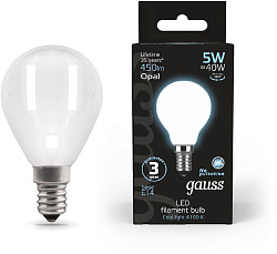 Лампа светодиодная Gauss Filament 5Вт цок.:E14 шар 220B св.свеч.бел.нейт. (упак.:1шт) (105201205)