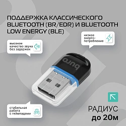 Адаптер USB Buro BU-BT601 Bluetooth V6.0 EDR+ BLE class 2 20м черный