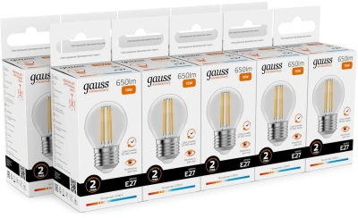 Лампа филам. Gauss Filament 10Вт цок.:E27 шар 220B св.свеч.бел.теп. (упак.:10шт) (52210)